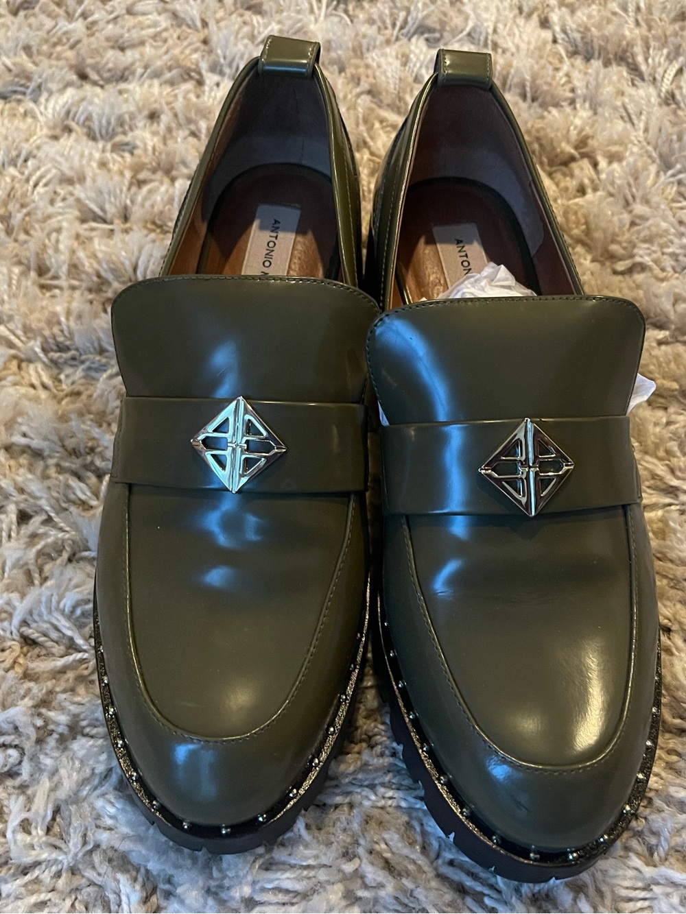 ANTONIO MELANI Olive Green Patent Loafers with Silver Emblem